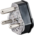 Black three-pin plugtop with transparent pin-side cover and round metal pins