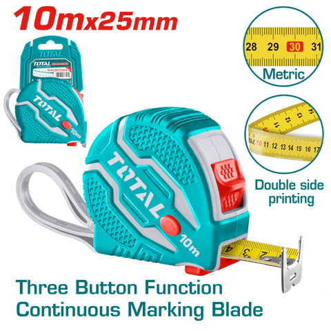 Total Tools Steel Measuring Tape 10m x 25mm Metric 3-Button Rubber Cover