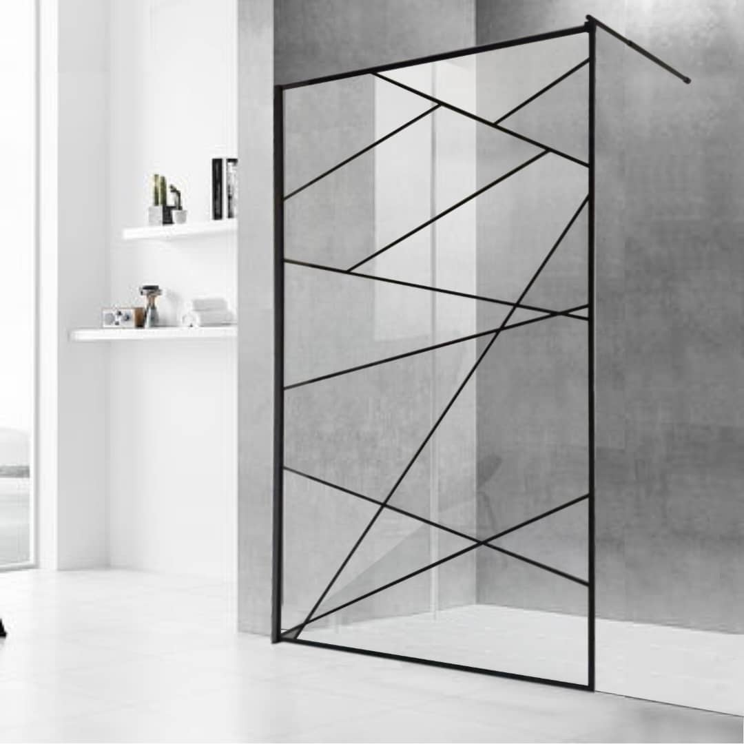 Livorno Shower Screen - Black Geometric Line Design