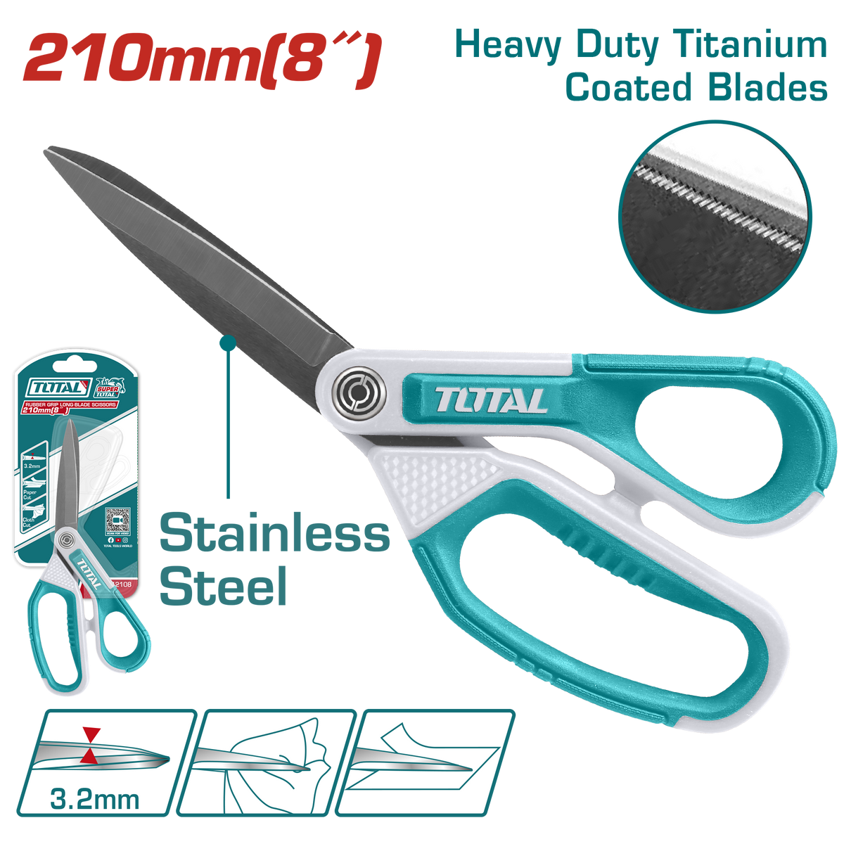 Total Tools Rubber Grip Long Blade Scissors 210mm (8") Titanium Coated