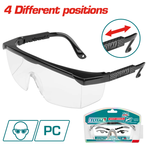 Total Tools Safety Glasses Adjustable Clear PC Lens 4-Position Temple