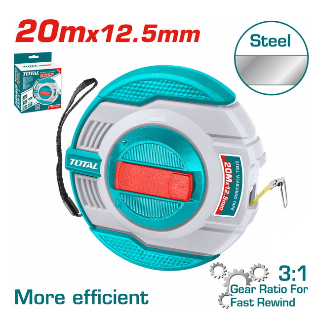 Total Tools Steel Measuring Tape 20m x 12.5mm 3:1 Gear Ratio Fast Rewind