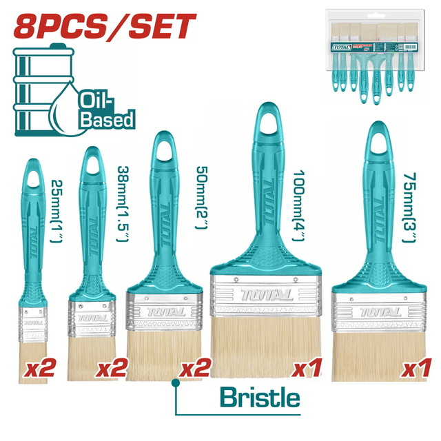 Total Tools Bristle Paint Brush Set 8pcs Oil-Based (25-100mm)