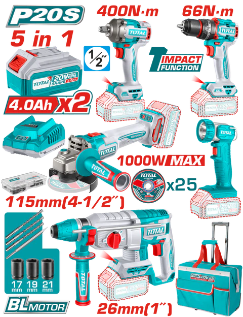 Total Tools 5 PCS Cordless Industrial Combo Kit 20V