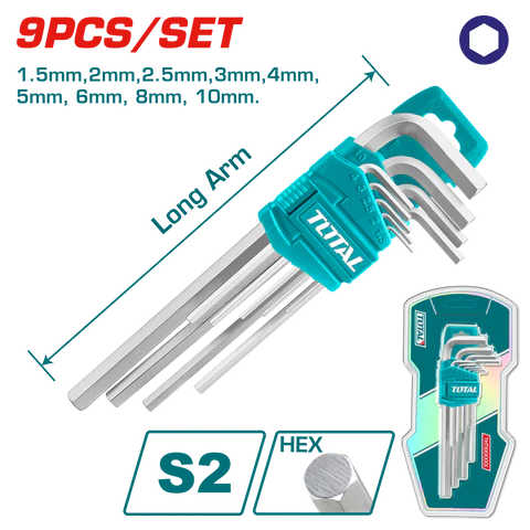 Total Tools Long Arm Hex Key Set 9pcs S2 Steel 1.5-10mm