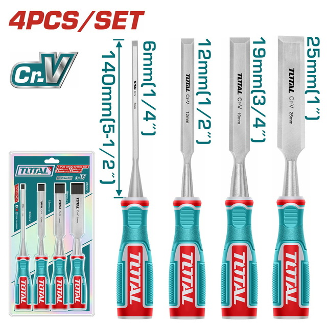 Total Tools Cr-V Wood Chisel Set 4pcs 6/12/19/25mm 140mm